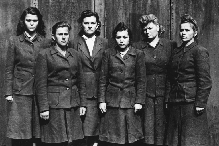 Six female SS guards from Belsen standing in a row scowling at the camera.