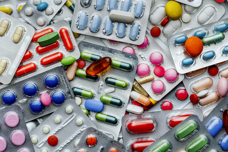 Blister packs of various pills and capsules