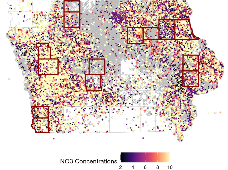 Map of Iowa with dots showing state findings for nitrate levels in private wells.