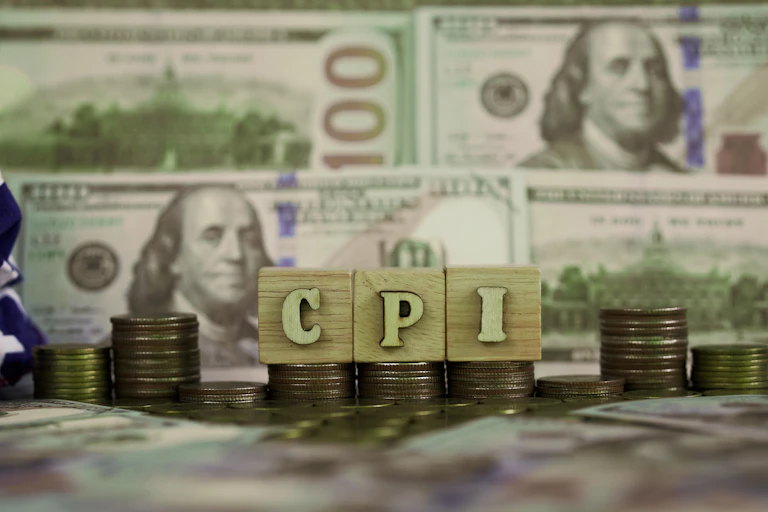 Hundred-dollar bills and stacks of quarters are juxtaposed with wooden blocks that read "CPI."