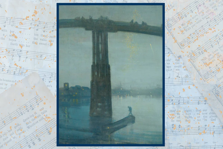 Painting of a bridge in shades of blue and gold