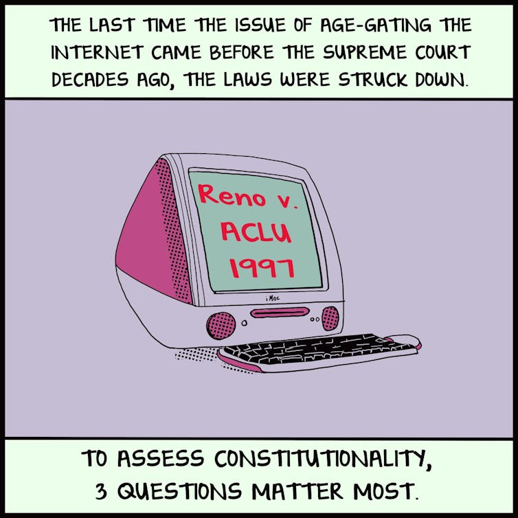 Comic panel 5 old pink iMac image with Reno v. ACLU 1997 on the screen