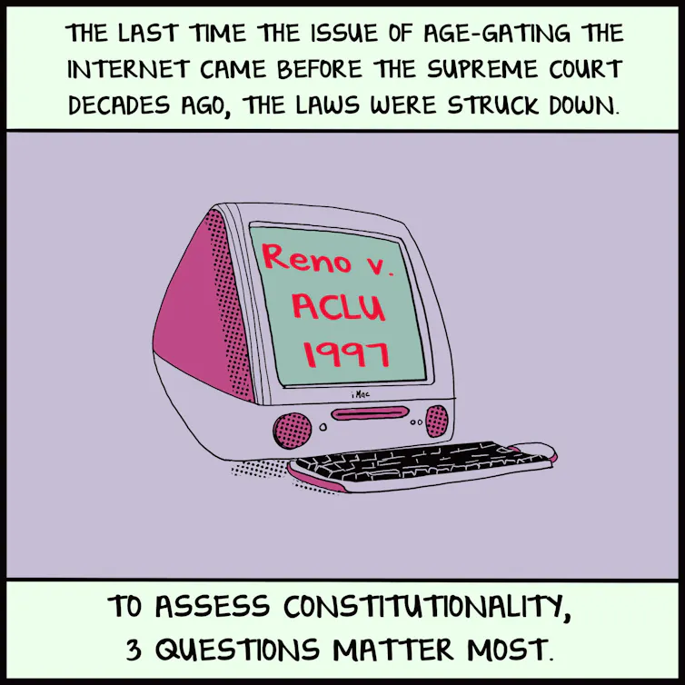 Comic panel 5 old pink iMac image with Reno v. ACLU 1997 on the screen