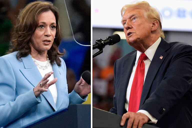 Headshots of Donald Trump and Kamala Harris.
