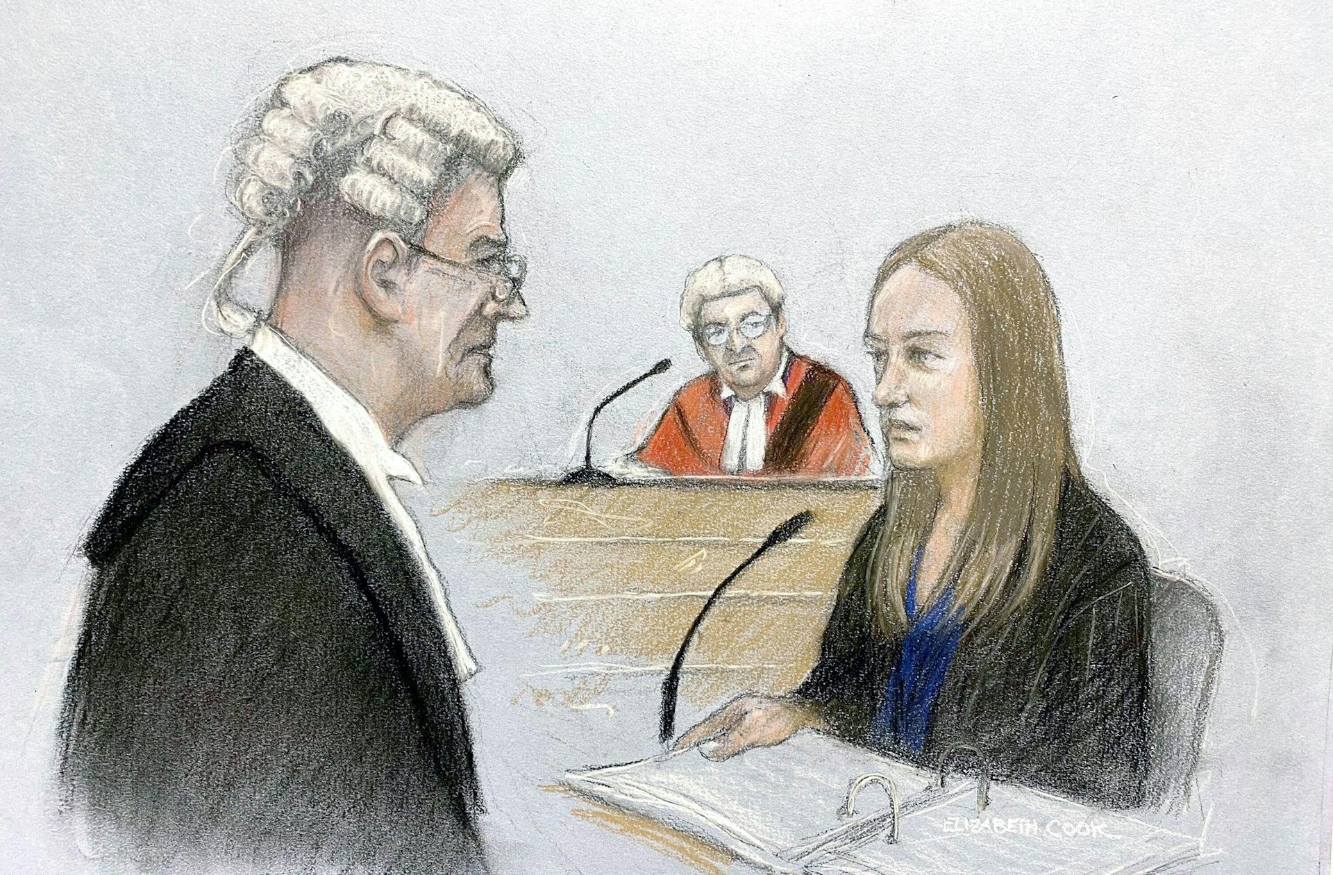 A court artist sketch of the Lucy Letby trial.