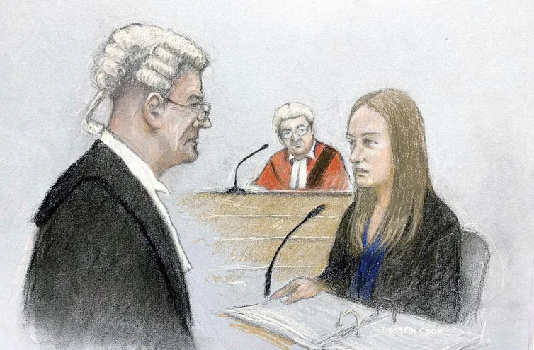 A court artist sketch of the Lucy Letby trial.