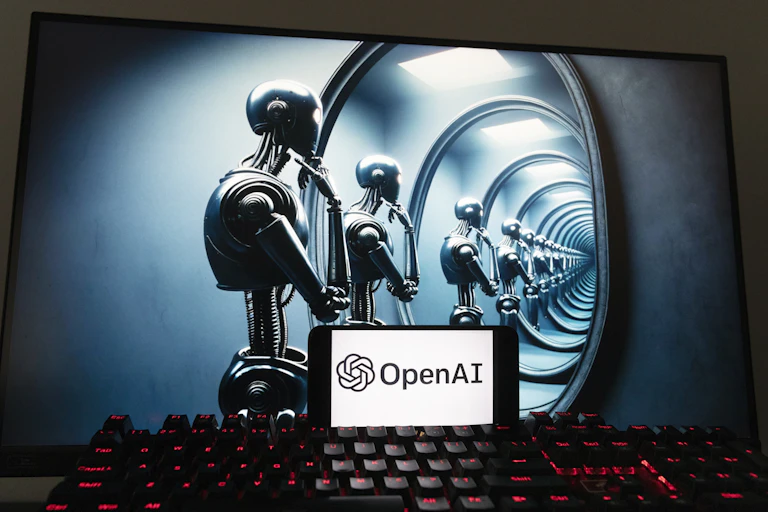 A robot appears to gaze at cascading reflections of itself above an eerie keyboard in a haunting image created by AI.