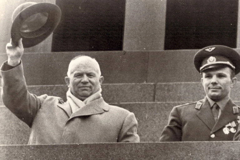 Soviet leader NIkita Kruschev, left, with cosmonaut Yuri Gagarin, centre, and Leonid Brezhnev, right.