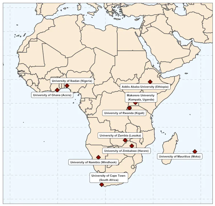 A map of the African continent featuring ten dots in various countries