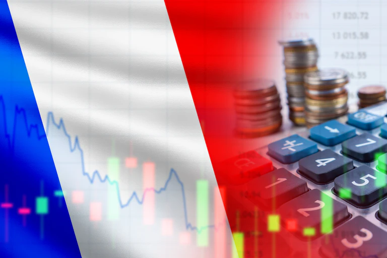 un drapeau français avec un graphique qui montre une chute et une calculatrice