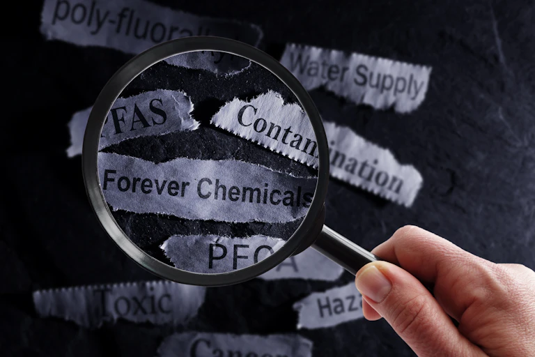 magnifying glass over text saying 'forever chemicals / PFAS/contamination'