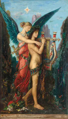 Painting of a nude man embraced by a winged muse