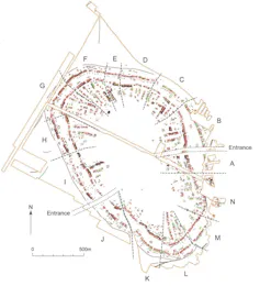 diagram with individual houses marked within the map of a settlement