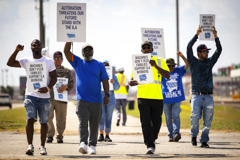A group of men hold protest signs protesting against automation replacing workers