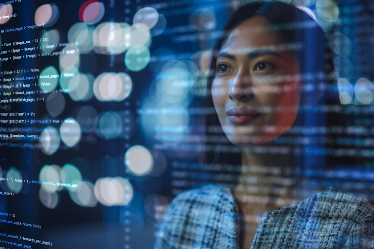 A woman face overlaid with an image of lines of computer code