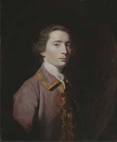 A painted portrait of a young man wearing a brown coat with gold trim.