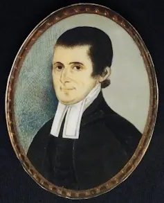 A painted portrait of a man with dark hair wearing a black coat, with a white necktie draped above it.