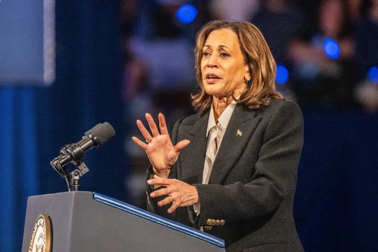 Kamala Harris delivering a speech.