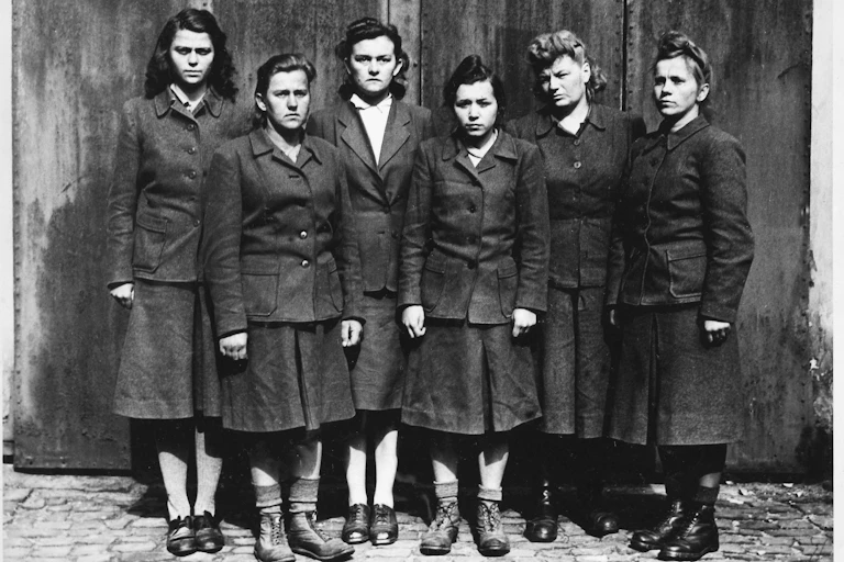 Six femmes SS gardiennes de camp de concentration nazi.