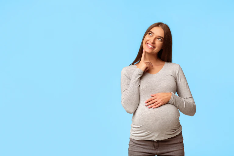 Pregnant women looking quizzical
