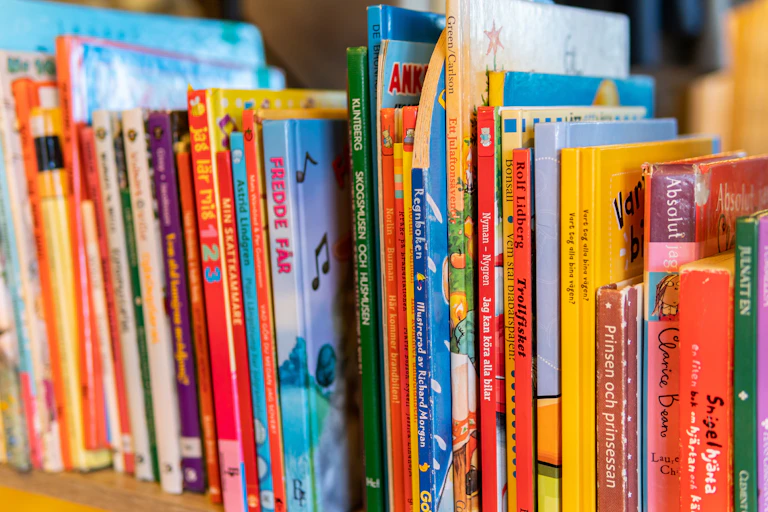 A shelf of Swedish children's books.
