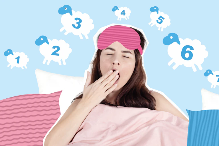 Collage of woman wearing eye mask yawning and counting sheep