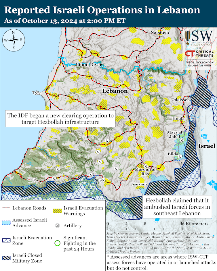 ISW map showing the state of Israel's ground offensive in soiuthern Lebanon, October 13 2024.