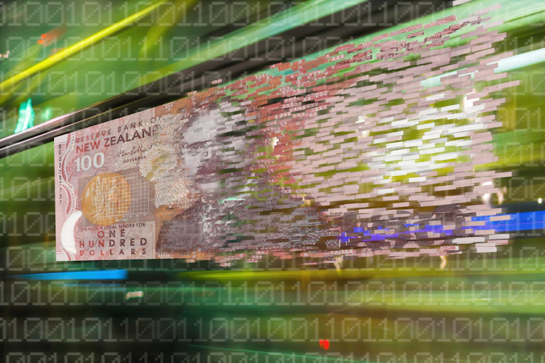 Stylised image of NZ $100 bill dissolving into fragments