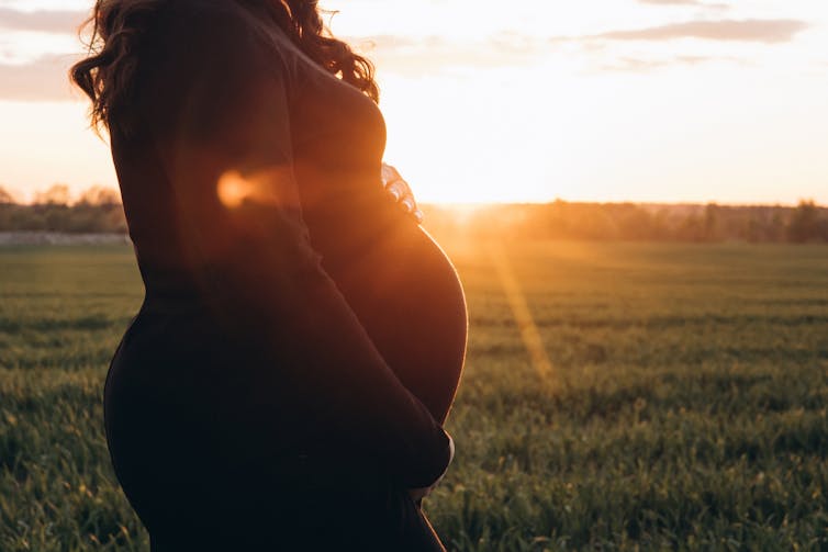 A pregnant woman stands in a field at sunset.