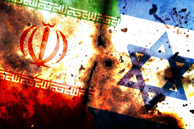 A graphic image made of the Iranian and Israeli flags to convey conflict.
