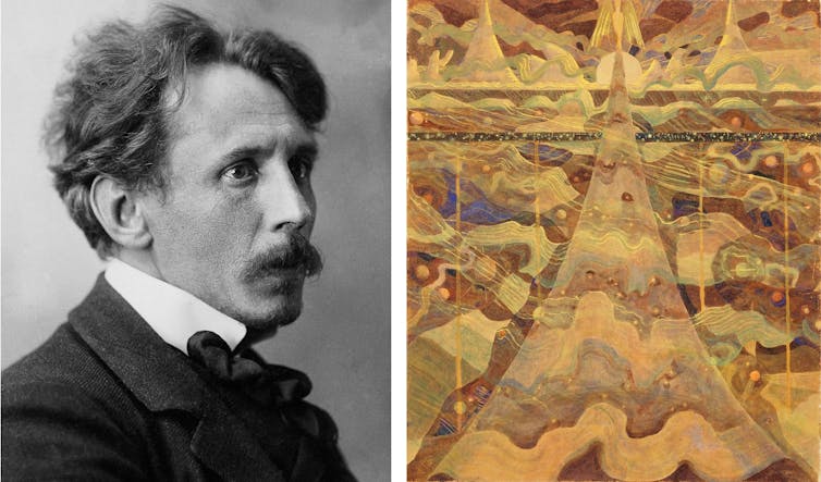 Black and white photo of a man and a colourful painting of abstract shapes.