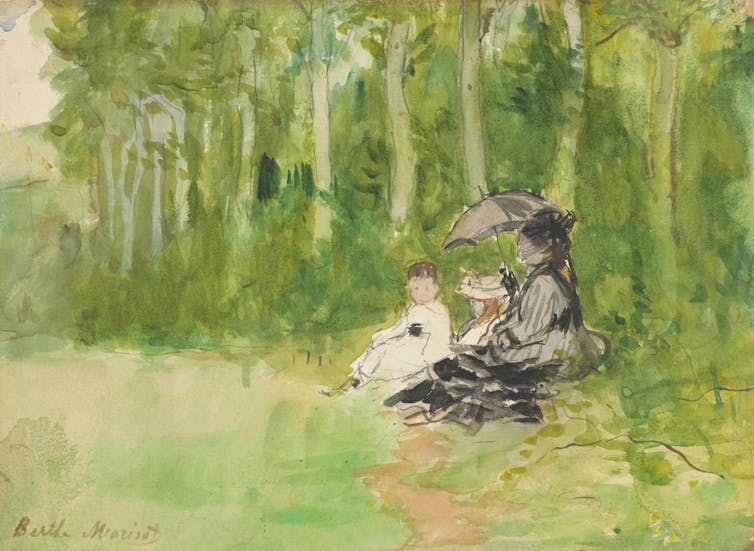 A painting of two women sat picnicking