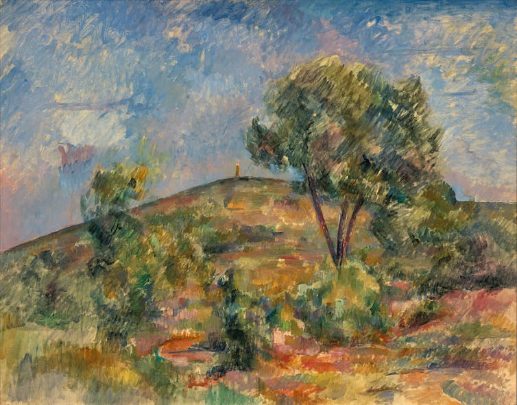 Painting of a hill with trees and cloudy sky