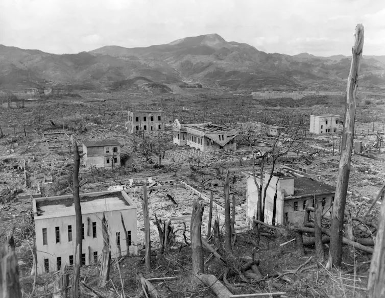 The ruined landscape of Nagasaki after the atomic bombing of the city.