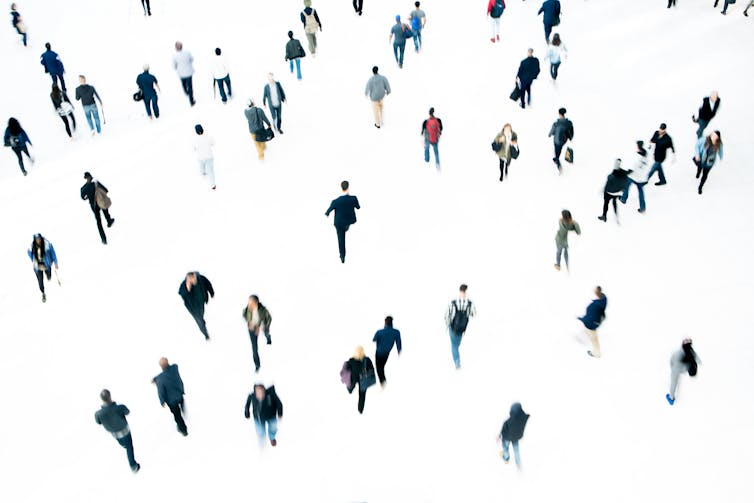 An overhead view of a crowd of people.