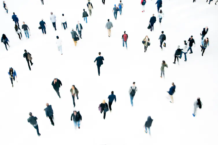 An overhead view of a crowd of people.
