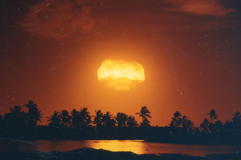 Nuclear mushroom cloud over the Pacific island of Kiritimati in 1962