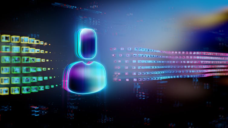 A digital figure emerges from a long stream of other digital figures.