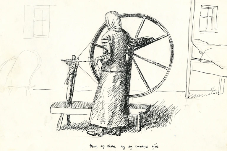 A woman seen at a spinning wheel.