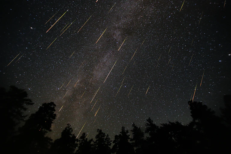 Starry night sky streaked with meteorites.