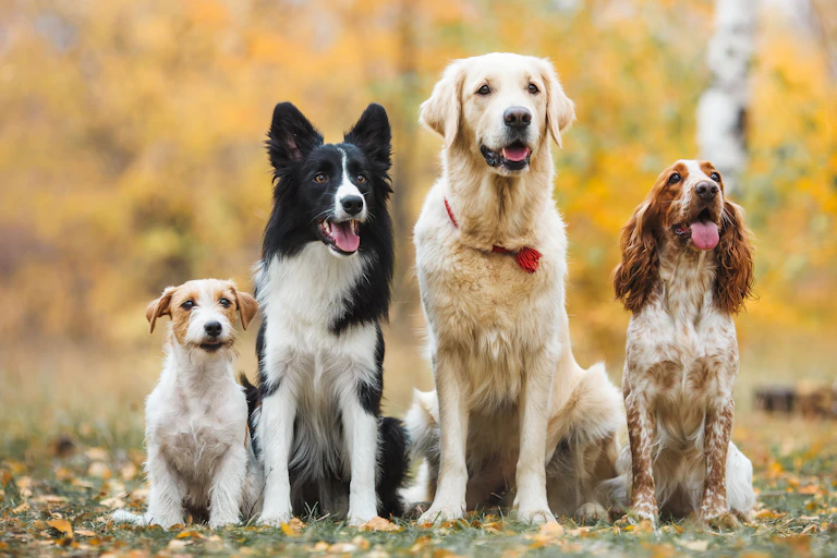 Quatre chiens assis dans une forêt automnale.