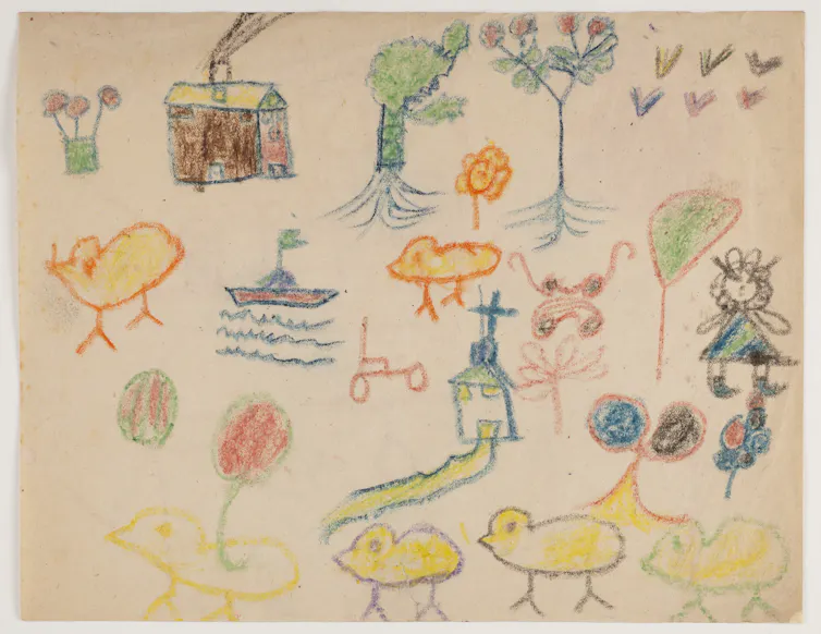 Dessin d’un pensionnaire de la maison d’enfants de l’Œuvre de protection des enfants juifs de Cessieu, France,1950, Coll. la contemporaine, fonds Maurice Rajsfus, ARCH03231