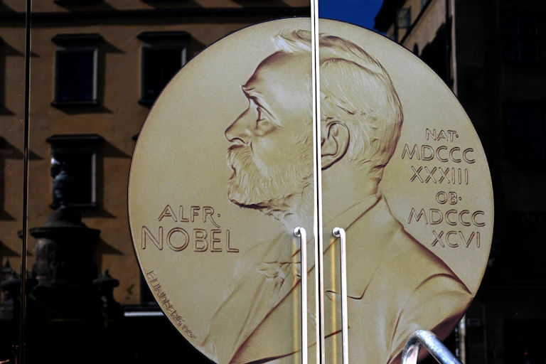Portrait of Alfred Nobel at the entrance to the Nobel Prize Museum in Stockholm.