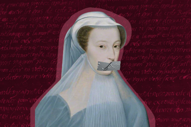 A painting of Mary Queen of Scots collaged with tape over her mouth and her writing in the background