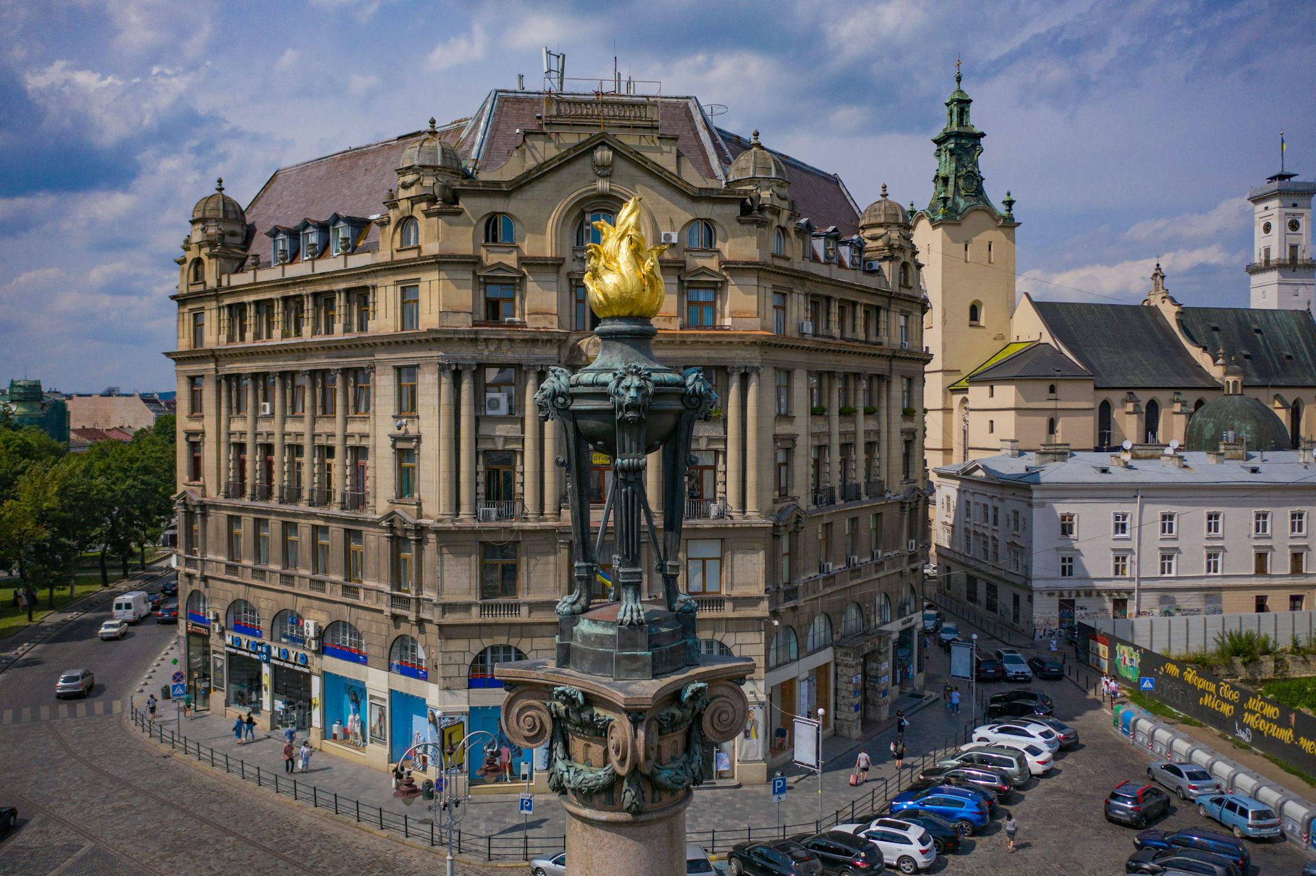 Aerial picture of a monument to Polish poet Adam Mickiewicz in Lviv, Ukraine