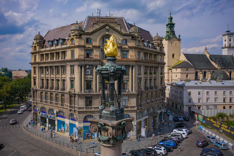 Aerial picture of a monument to Polish poet Adam Mickiewicz in Lviv, Ukraine