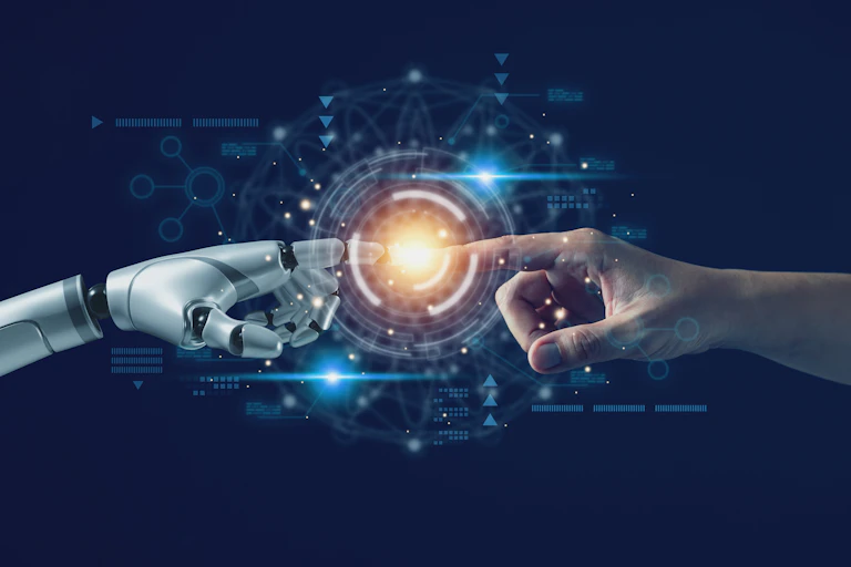 Robot and human fingers touching through illuminated sphere graphic