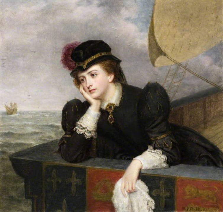 A painting of Mary Queen of Scots on a boat looking mournful