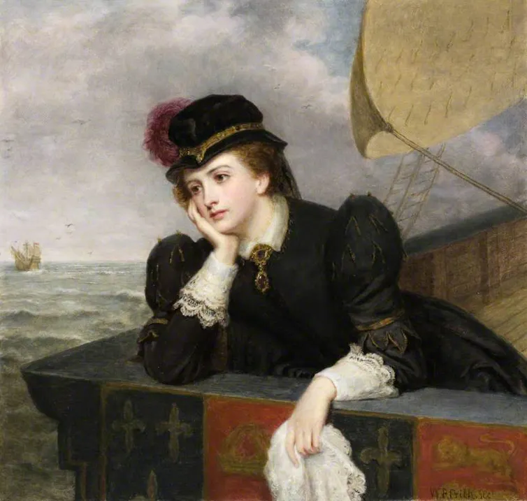 A painting of Mary Queen of Scots on a boat looking mournful