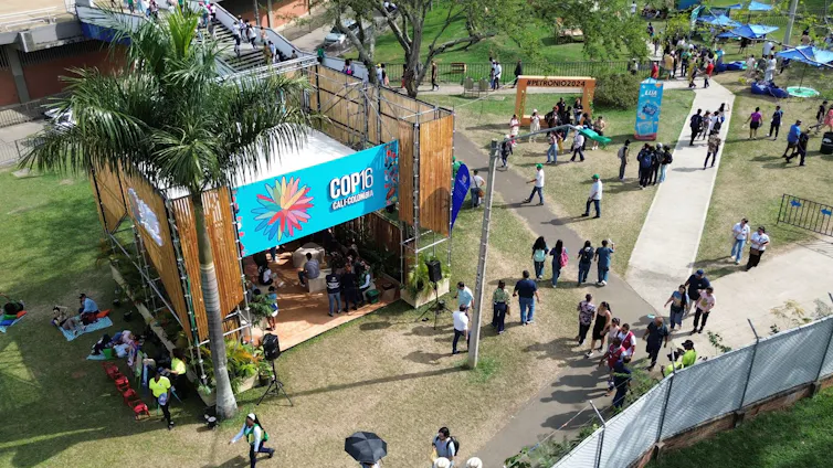 An aerial view of a booth with a 'COP 16' sign in a public park.